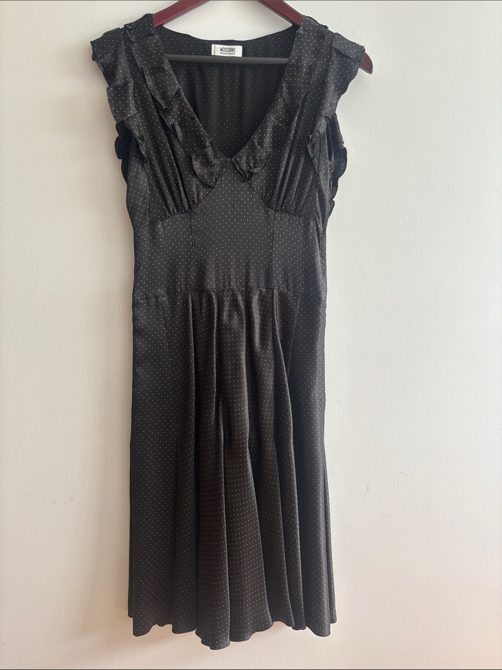 Moschino Black Dress with White Polka Dots and Ruffle V-Neck